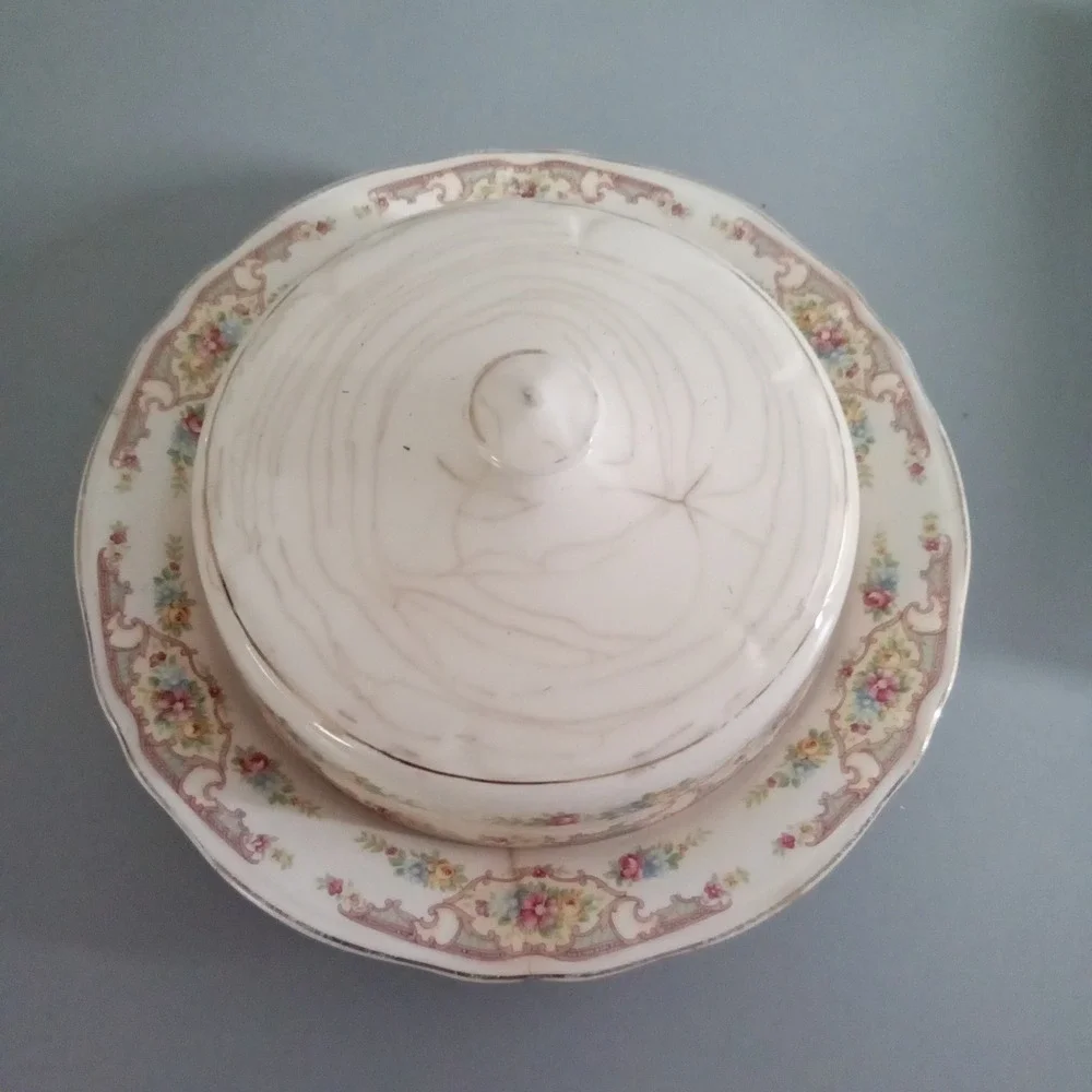 Antique Floral Ceramic Cheese Butter Dish Dome Lid Scalloped Gold Trim Shabby